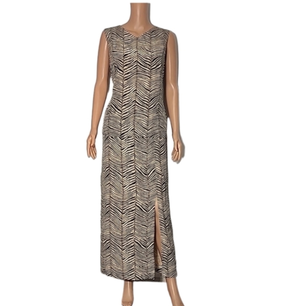 VINTAGE PATRICK COLLECTION Silk Zebra Print Maxi Dress Slit‎ Size 14